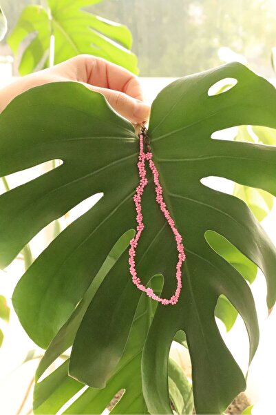 la reyy jewerly pembe kum boncuk el yapımı çiçek desenli kolye