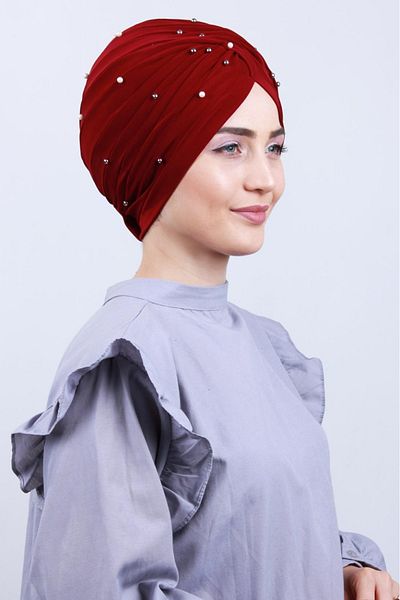 Melodi Scarf Women's Hijab Pearl and Stoned Vera Outer Bonnet Claret Red