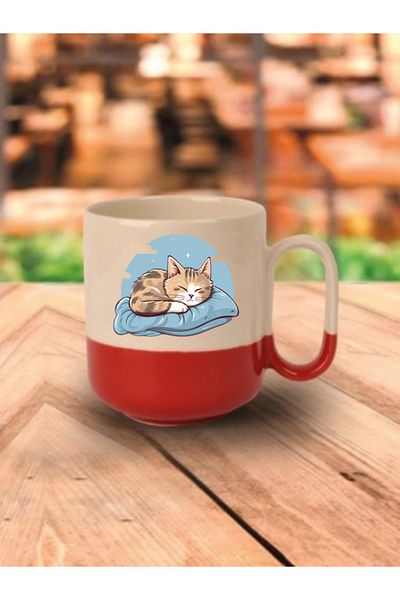 lili hediyelik Sleeping Cat Red Base Ceramic Mug - Ceramic Tea, Coffee Gift Cup
