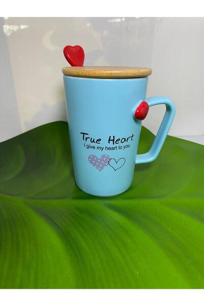 elif aksesuar Kalp Kabartmalı Bambu Kapaklı Porselen Kupa