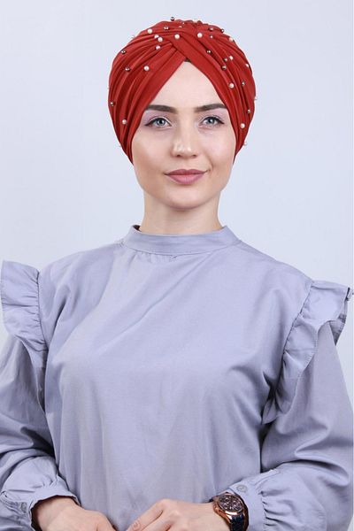 Melodi Scarf حجاب نسائي مرصع باللؤلؤ وحجر فيرا خارجي باللون الأحمر