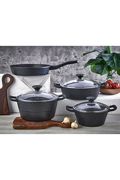 ZETMON Döküm Granit 7 Parça Tencere Tava Set + 6 Adet Tutacak