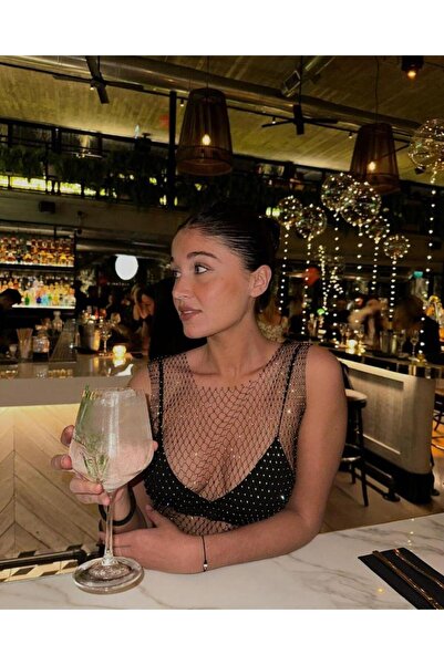 MATHILDA Kadın Taşlı File Parlak Bluz Crop, Büstiyer