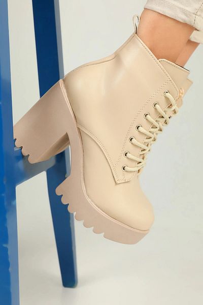 Anıl Ayakkabı Cizme casual pentru femei, cu fermoar, cu șireturi, cu toc cu platformă, culoare TEN BEIGE