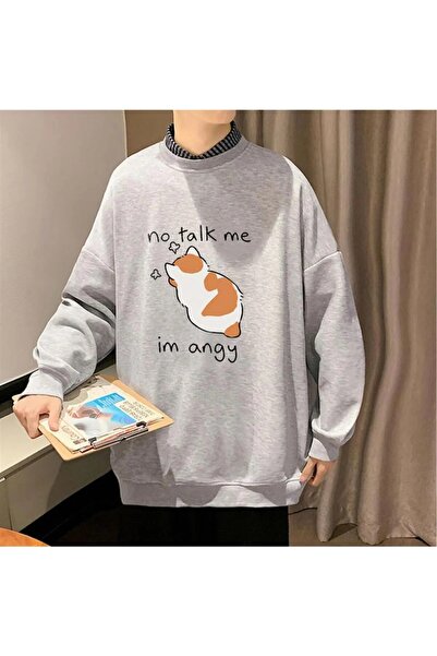 Le Savu No Talk Me Печатно сиво унисекс суитшърт с голям размер и обло деколте