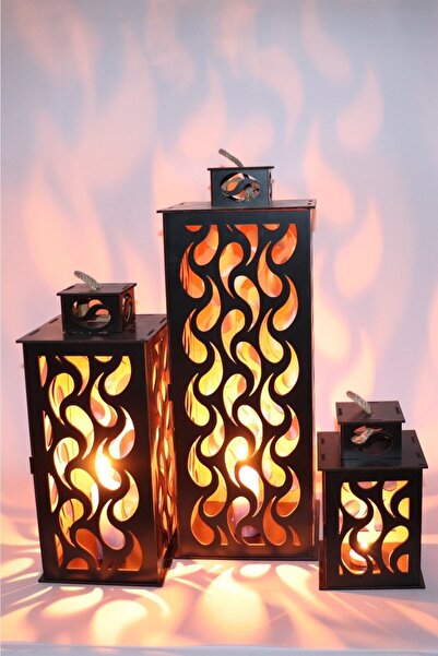 EDKZEKA Ahşap Fener Mumluk 3lü Set (damla Model)