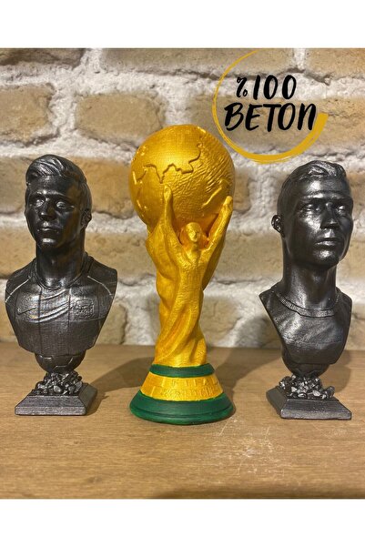 Craft3D Atölye Dünya Kupası(15 CM)- Ronaldo(13 CM)-messi (13 CM) / Hediye Paketi Ile Beraber Beton Biblo Büst Figür