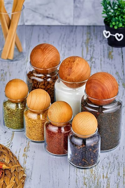 ŞAKİLATA CONCEPT 7-Piece Glass Storage Container with Wooden Ball Lid Snack Bowl Sugar Bowl (4x300 Ml - 3x800 Ml)
