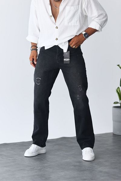 MADZEYMODA Ανδρικό μαύρο τζιν με φαρδύ σχέδιο με σκισίματα