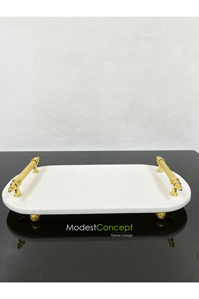 Modestmar Doğal Beyaz Mermer Oval Nişan, Söz, Sunum Tepsisi Gold Top Ayaklı D...