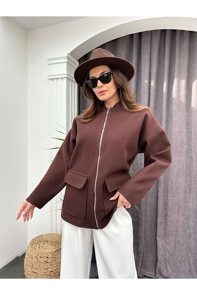 Elif Özbey Butik Кафяво палто от кашмир с цип
