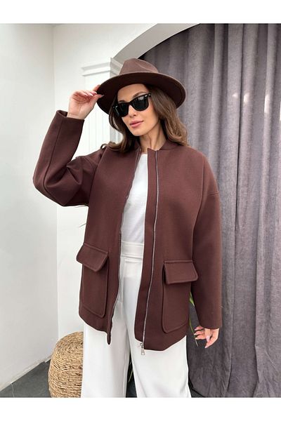 Elif Özbey Butik Кафяво палто от кашмир с цип