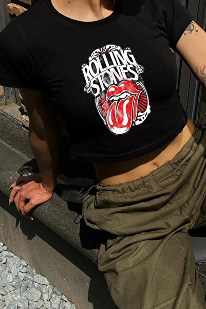 Violon Y2K Streetwear Rolling Stones με εμπριμέ κοντό μανίκι μαύρο κορμάκι
