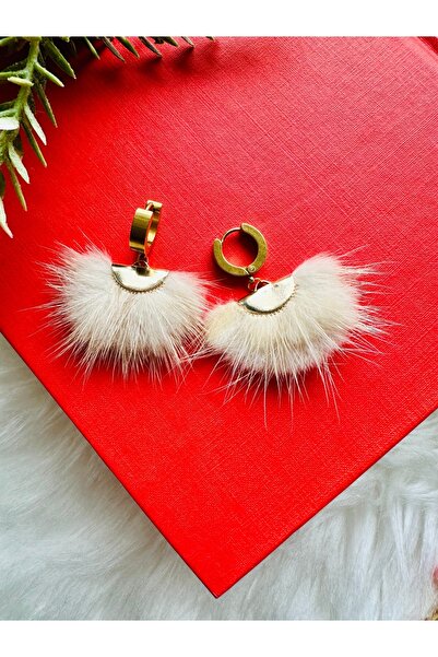 1PARÇAMAVİ Real Fur Steel Hook Women's Earrings - For Hole Ears