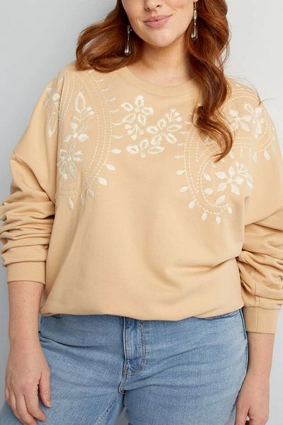 Yasem XXL Flower Embroidered Large Size Fleece Sweatshirt Comfortable Fit Oversize 100% Cotton