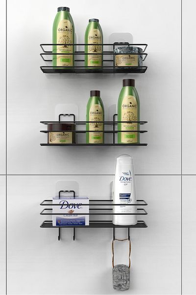 KARTEYA Set of 3 Adhesive 4 Hooks Stainless Bathroom Shelf Matte Black Bathroom Shampoo Holder Shower Cabin Shower Hanger