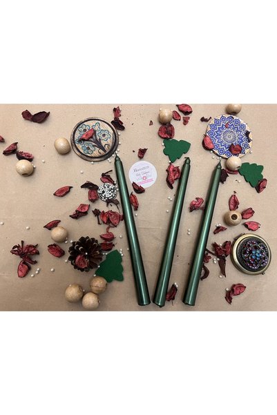 Verda Desing 🥇Dekoratif Metalik Yeşil Şamdan Mumu 3 lü Set