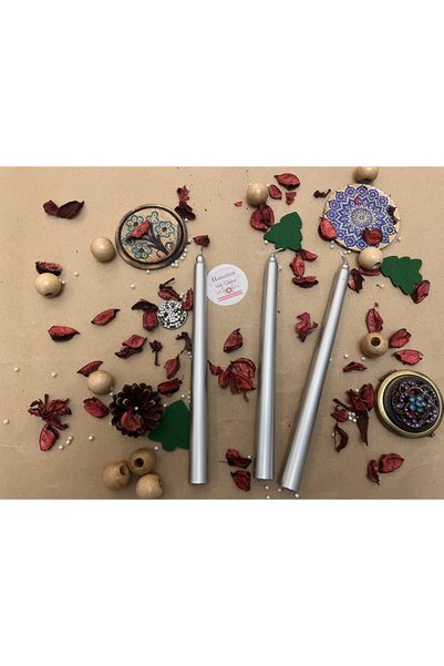 Verda Desing 🥇Dekoratif Metalik Gümüş Silver Şamdan Mumu 3 lü Set