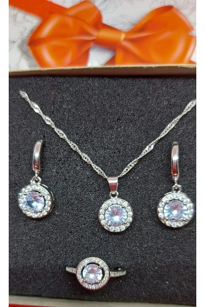Modaadresiniz Zircon Stone Necklace Earrings Ring Zamak Plated Jewelry Set