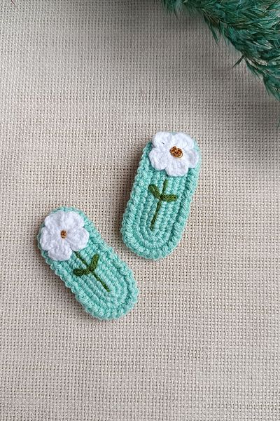 D&D CONCEPT Turquoise Knit Hairpin - Floral Embroidered Hair Accessory with Snap Fasteners - Baby and Girls Hairpin