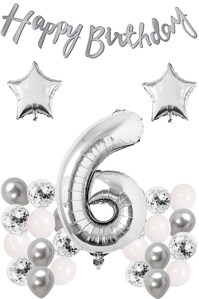 Bkmc Silver Concept Birthday Celebration Set White Silver Confetti Balloon Number Star Foil And Banner