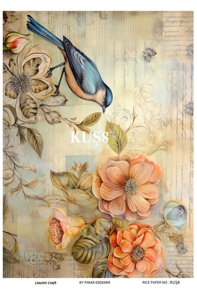 LİNEART Kus8 Model Brass Pattern Bird Decopage - 30X42 on Branch