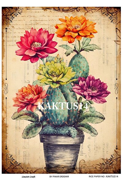 LİNEART Kkts14 Model Cactus Patterned Brass Decopage - 30X42