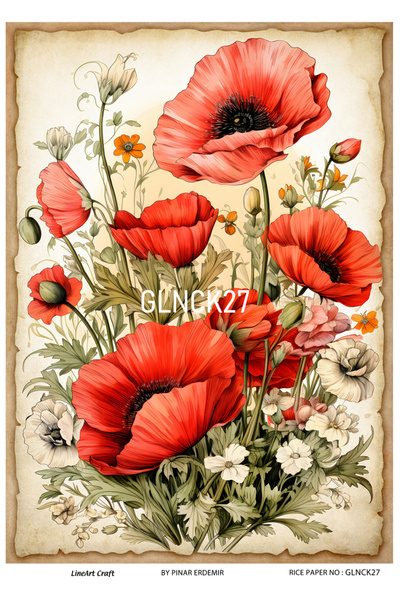 LİNEART Gelincik Serisi GLNCK27 Gelincik, Çiçek, Kırmızı Desen Pirinç Dekopaj...