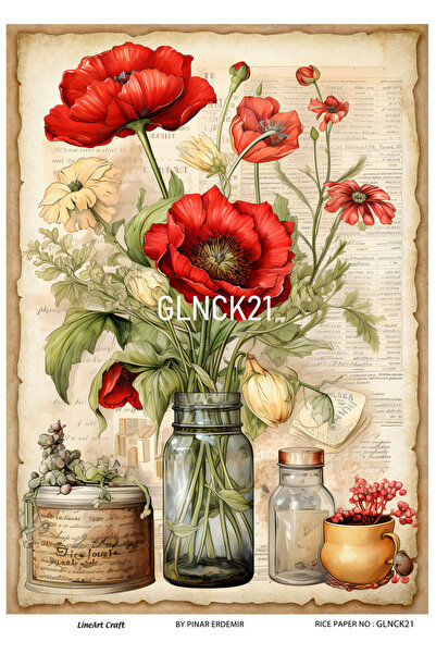 LİNEART Gelincik Serisi GLNCK21 Gelincik, Çiçek, Kırmızı Desen Pirinç Dekopaj...