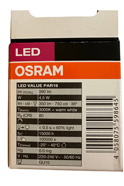 Osram 4.5W (50W) 3000K (Sarı Işık) GU10 Duylu Par16 Led Spot (8 Adet)