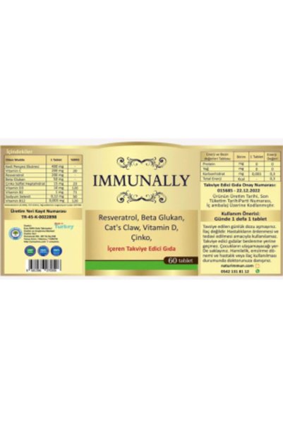 Immunally Dietary Supplement Containing Resveratrol, Beta Glucan, Cat's Claw, Vitamin D, and Zinc, 30 Tablets
