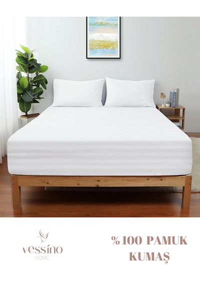 VESSİNOHOME Cotton Satin Fitted Sheet Set Striped Single Double White/Colored Hotel Type Luxury Padded