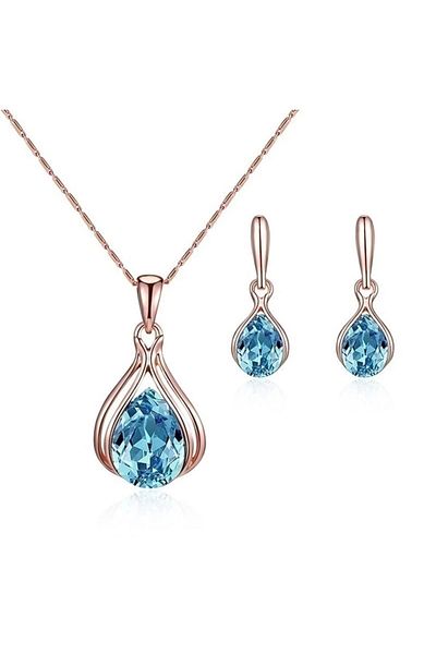 Takıtolia Elegant Elegant Water Drop Shiny Blue Crystal Jewelled Valentine's Gift Necklace Earring Set