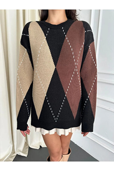 iconPARIS Жіночий светр з баклава-візерунком, коричневий, оверсайз - коричневий