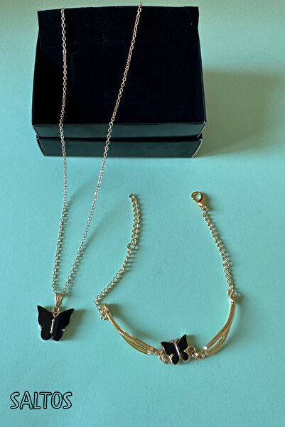 Saltos Siyah Kelebekli Kolye Bileklik Doğum Günü Hediyesi Kelebekli Kadın Kolye Bileklik Sevgiliye Hediye