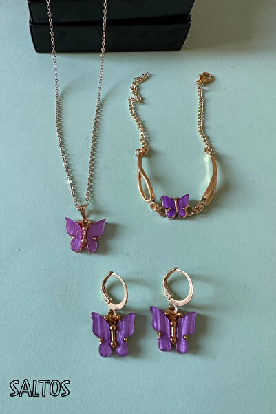 Saltos Pembe Kelebekli Kolye Bileklik Küpe Doğum Günü Hediyesi Kadın Kolye Bileklik Küpe Seti Kelebekli Set