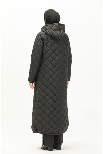 Butik Ayseba Women's Black Large Size Hooded Quilted Coat with Pockets Ferace