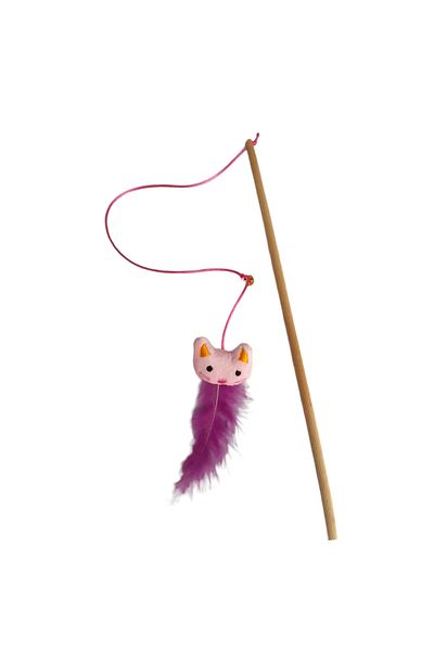 Be Cat Cat Fishing Rod Plush Pink Toy with Bells and Feathers