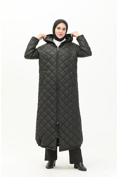 Butik Ayseba Women's Black Large Size Hooded Quilted Coat with Pockets Ferace