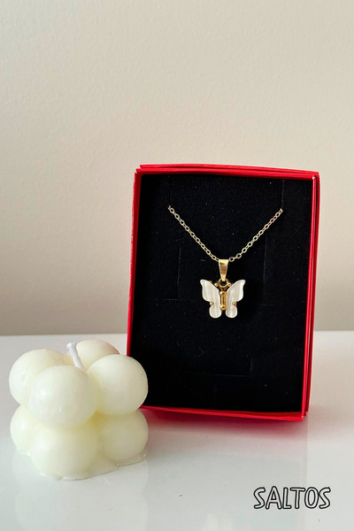 Saltos Beyaz Kelebekli Kolye Ve Mum Seti Doğum Günü Hediyesi Mum Gold Kolye S...
