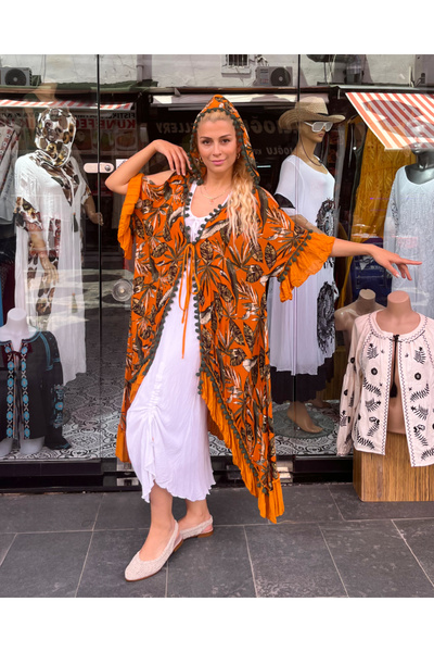 Sosyete Kaplumbağa Otantik Vual Pamuk Volan Ponpon Detay Kapüşonlu Kimono Par...