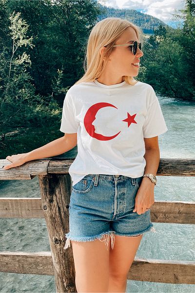 ADA BEBEK ÇOCUK Γυναικείο μπλουζάκι με λαιμόκοψη 100% βαμβακερό με στάμπα Crescent Star Flag