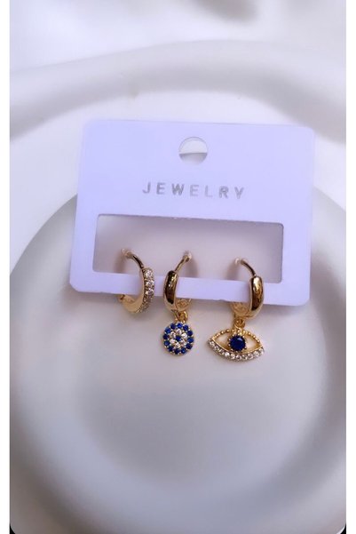Accessories 3lü Set Gözlü Gold Renk Zirkon Küpe