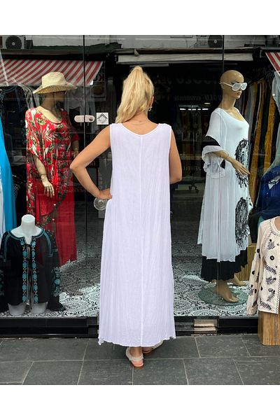 Sosyete Kaplumbağa Authentic Voile Cotton Embroidery And Handcrafted Painting White Maxi Dress
