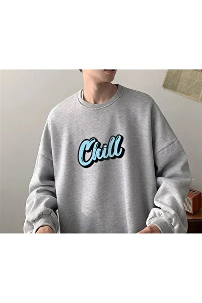 Le Savu Chill Unisex Blue cu imprimeu Gri Colorat supradimensionat guler rotu...