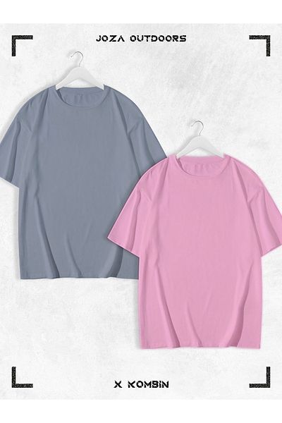 Joza Outdoors Γυναικεία Ανδρικά Unisex Lover Couple Συνδυασμός Βαμβακερό Oversize Πολύχρωμο καλοκαιρινό μπλουζάκι χωρίς στάμπα Σετ 2 τεμαχίων