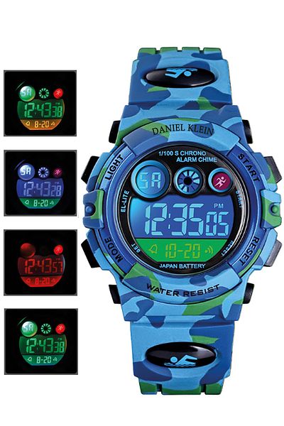 Daniel Klein Light Blue Camouflage Children's Wristwatch for Age 5-10 with 4 Different Luminous Dials, Alarms and Stopwatches