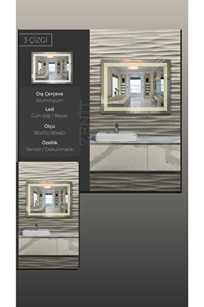 ZENİT YAPI 90*70 Sensörlü Kare Ayna Ledli Duvar Aynası Led Işıklı Ayna Kare L...