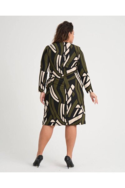 Butik Nilyam Women's Large Size Suede Midi Dress with Pocket Detail 22014 Khaki