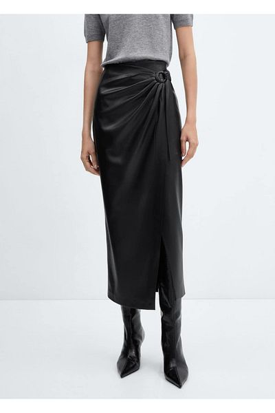MANGO Woman Drape Leather Look Midi Skirt